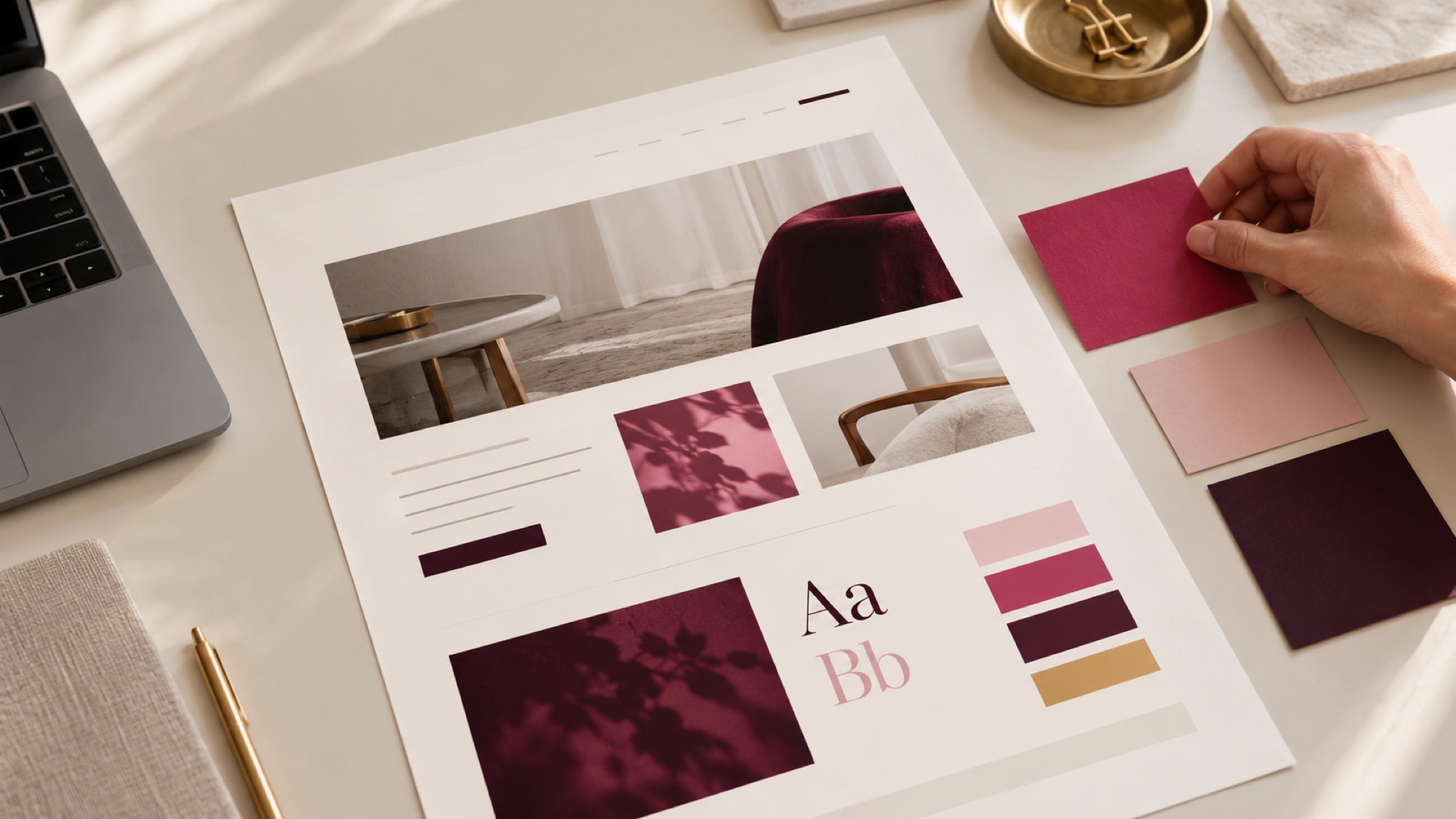 Magenta-Farbkarte neben Homepage-Mockup